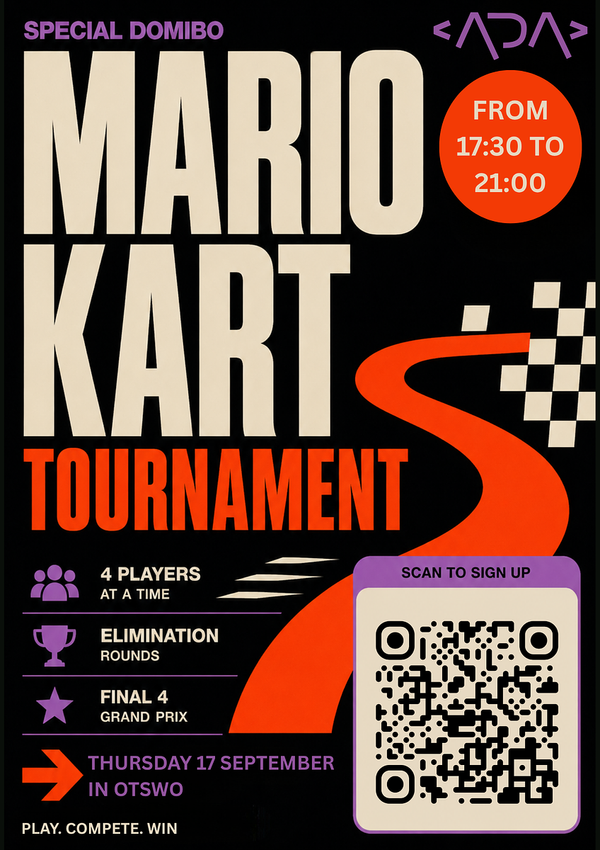 Special DOMIBO: Mario Kart Tournament 🏎️🏆 Join us on Thursday, 17 September from 17:30–21:00 at OTSWO for a Mario Kart tournament! Race in groups of four, battle through the elimination rounds, and compete for a place in the Final 4 Grand Prix.